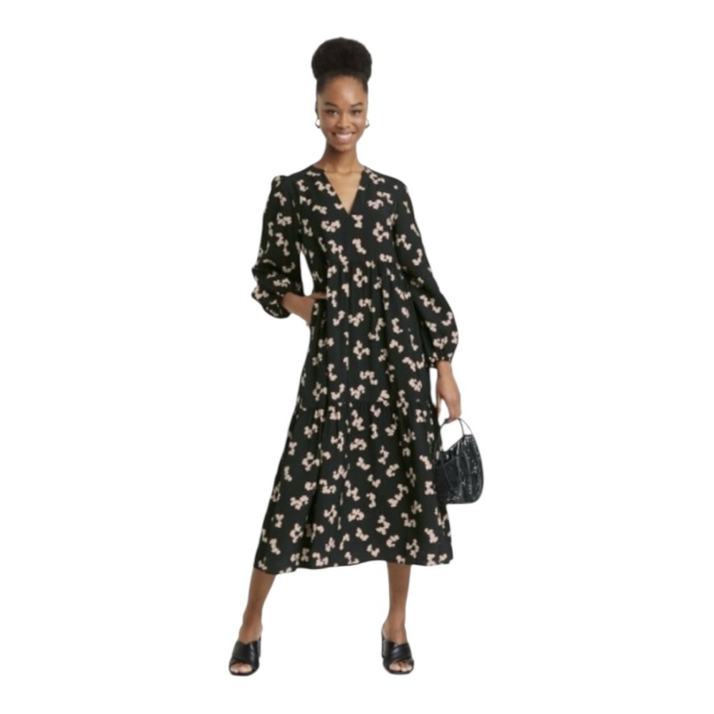 NWOT A New Day Black Floral Maxi Puff Long Sleeve Boho Casual Flowy Dress XS